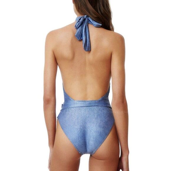 PQ Swim women denim Belted Alex Crossover Halter One Piece Swimsuit Size Medium - Picture 2 of 11